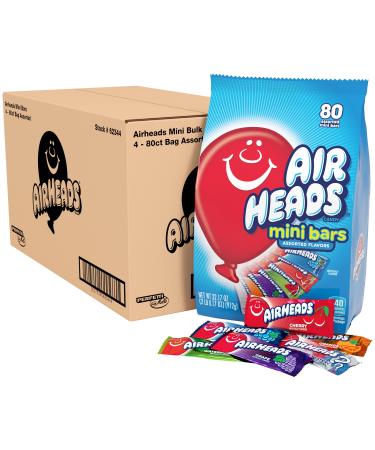 Airheads Candy Mini Bars, Assorted Fruit Flavors, Individually Wrapped, Non Melting, Party, Pantry 80ct Bag, Box of 4 Bags 80 Count (Pack of 4)