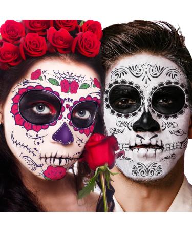 Day of the Dead Face Tattoos Skeleton - 10 Sheet Halloween Temporary Tattoos D a de Los Muertos Skeleton Sugar Skull Face Tattoo Kit  Glitter Red Roses Fake Sticker for Halloween Makeup on Face Body Multi-Colored