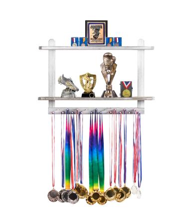 LAVIEVERT Wooden Medal Hanger & Trophy Shelf, Wall-Mounted Race Medal Display with 2 Tier Storage Shelf, Medal Holder Trophy Rack with 19 Hanging Bars White