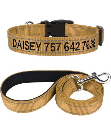 Tagme dog collar and leash personalized reflective dog collar with 1.5m double -sided reflective dog leash for large dogs Khaki XL (1 Pack) Khaki set