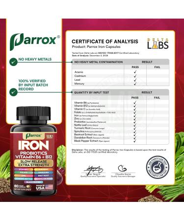 Iron Supplement with Slow Release Iron Probiotics Spirulina Turmeric Vitamin B6 B12 C Zinc Folate Beetroot Nettle Leaf Dandelion Root Black Pepper Extra Strength 60 Vegan Capsules 60 Count (Pack of 1) - Buy Online on GoSupps.com