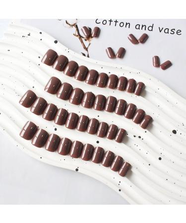 Brown Press on Nails - Short Square - 48 Pcs Thick Reusable Gel & Acrylic Fake Nails for Women - Natural Solid Color Brown Coffin Style - Buy Online on GoSupps.com
