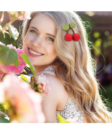 PAGOW 4PCS Cherry Ball Hair Clips - Cute Sweet Pompom Hairpins with Green Leaves Ornaments for Women, Girls & Kids - Buy Online on GoSupps.com