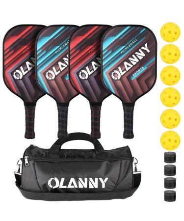OLANNY Graphite Pickleball Paddles 4 Pack - Premium Rackets Fiber Face & Polymer Honeycomb Core Pickleball Set Includes 4 Pickleball Paddles + Pickleball Balls+ 4 Replacement Soft Grip + 1 Bag Twill Pickleball Paddles