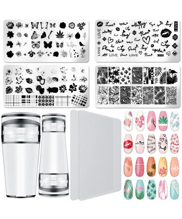 Nail Art Stamping Kit, Includes 2 French Tip Nail Stampers(3 Size Jelly Stamping Heads), 2 Transparent Scrapers, 4 Fashion Nail Art Pattern Templates, Nail Art Decorations Tool Flowers, Leaves, love, plants