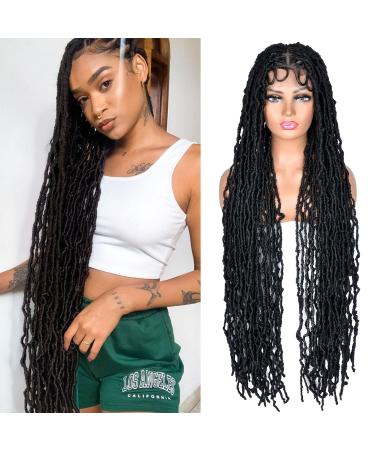 RunM Faux Locs Braided Wigs for Black Women Faux Locs Wig Full Double Lace Curly Crochet Braids Wig 40Inch Soft Knotless Synthetic Lace Frontal Twist Wig(1B)