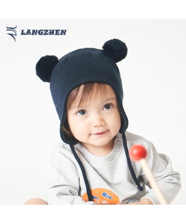 LANGZHEN Toddler Winter Hat Earflap Knit Warm Cap Fleece Lined Beanie for Baby 6-12 Months Navy+Grey - Buy Online on GoSupps.com