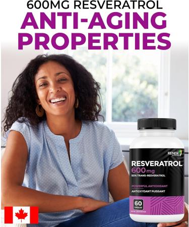 Renew Actives Resveratrol Supplement 600mg per Serving - High-Potency Antioxidant Complex with 50% Trans-Resveratrol Supports Cellular Health & Longevity - Made in Canada 60 Vegan Capsules - Buy Online on GoSupps.com