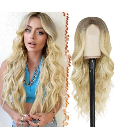 BARSDAR long blond wig 66cm long wavy blonde wig middle parting lace front natural synthetic hair replacement wigs for women daily party halloween wig (ombre blond) ombre platinum blonde - Buy Online on GoSupps.com