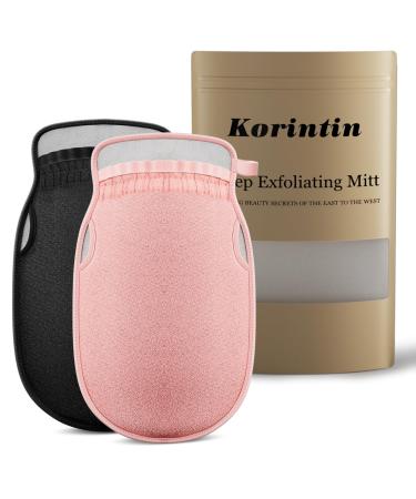 Exfoliating Body Scrubber Glove 2Pcs/Set Korean Exfoliating Mitt Thickened Body Scrub Gloves Deep Exfoliating Mitt Body Exfoliator Glove Exfoliating Gloves for Shower (Black+Pink)