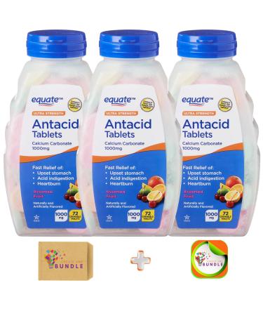 Equate Ultra Strength Antacid Chewable Fruit Tablets Over The Counter 1000 mg 72 Ct (Pack of 3) Total 216 Count + Createandbundle Sticker