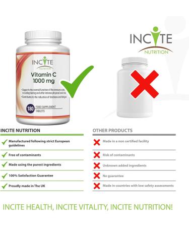 Vitamin C 1000mg | 180 Premium Tablets | High Dose Ascorbic Acid | Vegetarian & Vegan Friendly | Made in UK - Buy Online on GoSupps.com