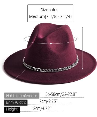 Gossifan Wine Red Fedora Hat with Chain Belt Buckle - Size 7 1/8-7 1/4 - Buy Online on GoSupps.com