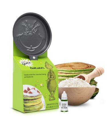 Ten Acre Gifts Dr Seuss The Grinch Pancake Mix and Pan Gift Set, Easy Instant Baking Mix with Round Frying Pan and Green Food Coloring, 6 oz