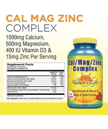 Nature's Life Cal Mag Zinc Complex - 360 Vegetarian Capsules for Bone & Heart Health with 100% Daily Value of Calcium, Magnesium, Zinc & Vitamin D3 - Buy Online on GoSupps.com