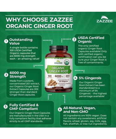 Zazzee USDA Organic Ginger Root 20:1 Extract 6000 mg Strength Standardized to 5% Gingerols 100 Vegan Capsules 20X Potency Digestive and Stomach Support Non-GMO All-Natural Made in The USA - Buy Online on GoSupps.com