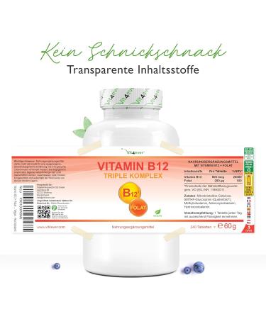 Buy Vegan Vitamin B12 Complex - 240 Tablets (500 g B12 + 200 g Folic Acid) - 8-Month Supply - Methylcobalamin Adenosylcobalamin & Hydroxocobalamin - Quatrefolic Folic Acid - Buy Online on GoSupps.com