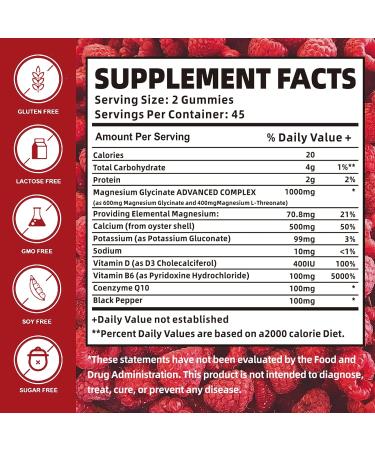 Premium Magnesium Glycinate Gummies 1000mg with L-Threonate & Potassium Complex - Memory, Mood & Calm Support - 90 Raspberry Gummies - Buy Online on GoSupps.com