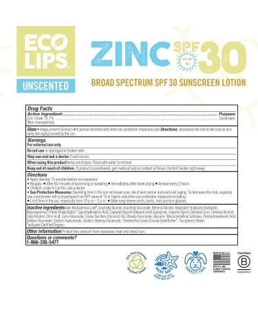 Buy Eco Lips SPF 30 Zinc Mineral Sunscreen Lotion - Reef Safe Water Resistant Natural Ingredients - 4 oz Made in USA - Buy Online on GoSupps.com