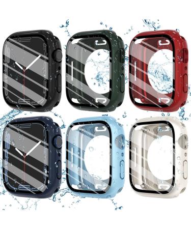 Fullife 6-Pack Waterproof Case for Apple Watch Series 7 Series 8 45mm with Tempered Glass Screen Protector iWatch Full Protective Hard PC Bumper Case with Back Cover (2 in 1) 45mm 6 Colors Waterproof-6 Packs Series 7/8 45mm