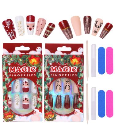 MELLIEX Christmas Fake Nails Artificial Full Cover Press on Nails 48 Pieces Xmas Coffin False Nail Tips Santa Claus Snowflake Elk Nail Art Decorations with Nail Glue and Nail Files