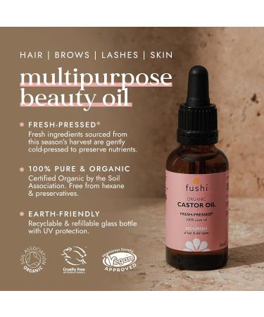 Fushi Organic Castor Oil - 30ml 100% Pure Cold & Fresh-Pressed For Dry Skin & Hair Growth Eyelashes & Eyebrows Hexane Free Food-grade for inner health Sustainably Sourced - Buy Online on GoSupps.com