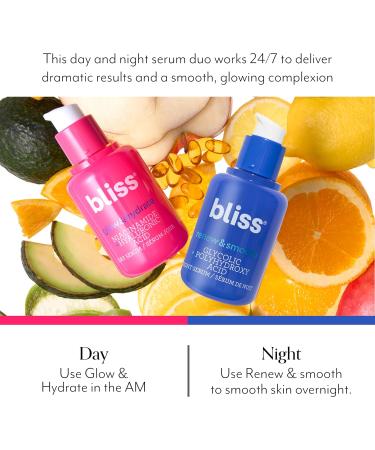 Bliss AM+PM Serum Duo: Glow & Hydrate with Vitamin C + Renew & Smooth with Glycolic Acid for 24-Hour Radiant Hydrated Skin - Daily Skincare Routine Set - Buy Online on GoSupps.com