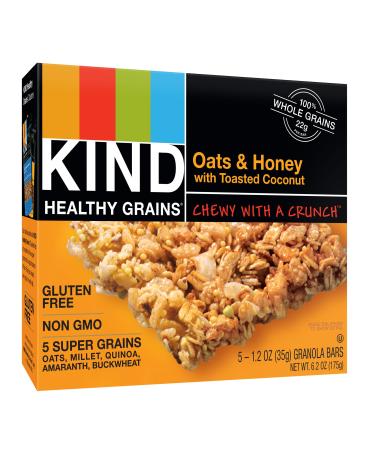 KIND Healthy Grains Bars, Oats & Honey with Toasted Coconut, Non GMO, Gluten Free, 1.2 oz, 5 Count