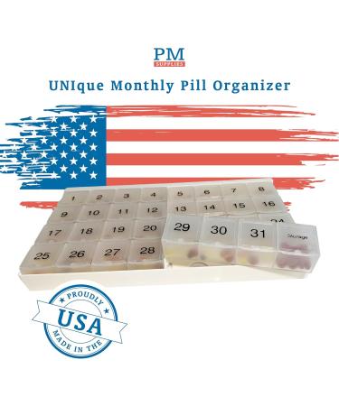 Buy Unique XL Monthly Pill Organizer - 31 Compartment Daily & Weekly Planner with Tray & 8 Extra Large Removable Compartments - Ideal for International Shipping - Buy Online on GoSupps.com