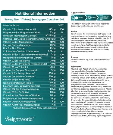 Vegan Multivitamin Tablets for Men & Women - 25 Active Vitamins & Minerals - Peppermint Flavour - 1 Year Supply - Buy Online on GoSupps.com