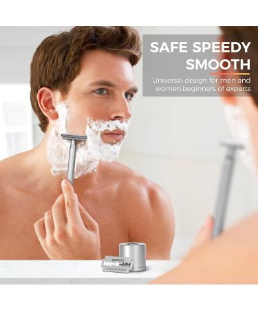 Classic Double-Edged Razor for Men & Women | Eco-Friendly Plastic-Free Silver Razor with Stand & 10 Blades - Buy Online on GoSupps.com
