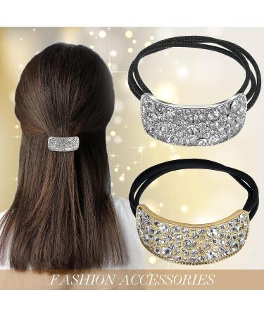 Rhinestone Ponytail Holder Set - 2 Pieces | Elastic Diamond Hair Accessories | Gold & Silver Ponytail Cuff | Glitter Hair Ties for Women & Girls - Buy Online on GoSupps.com