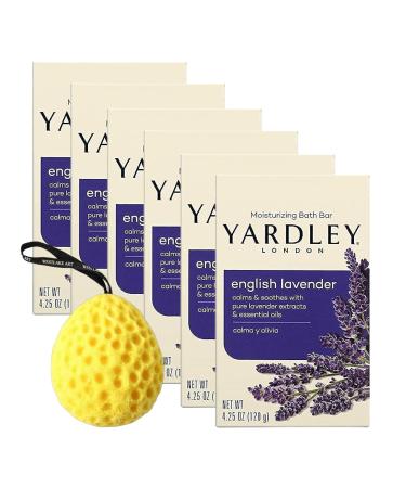 English Lavender Bath Soap | Bundled With Bath Sponge - Moisturizing Body Soap 4.25 Ounces Luxurious Body Soap With Calming Lavender Gentle Cleansing & Hydration Pack Of 6