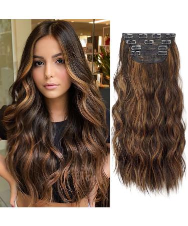 4PCS Brown Hair Extensions Clip in Curly Synthetic Clip in Hair Extension 20 Inches Long Hair Clip in Extensions for Women Wavy Hair Pieces for Full Head (Chestnut Brown mix Dark Yellow 4pcs)