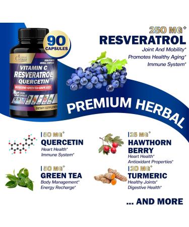 Organic Cadane Resveratrol Supplement - 12in1 Blended with VIT.C Quercetin Berberine Turmeric Green Tea & More - 90 Capsules 3 Month - Buy Online on GoSupps.com