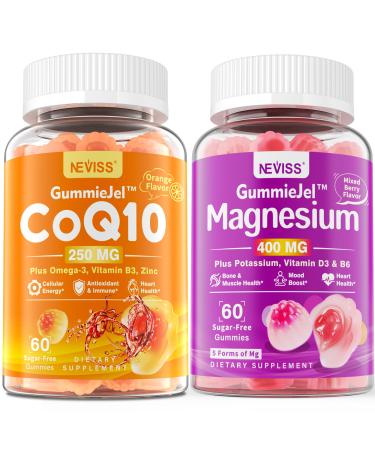 NEVISS Sugar Free CoQ10-250mg Filled Gummies + 5 Types of Magnesium 400mg Sugar Free Magnesium Filled Gummies for Adults 60 Counts