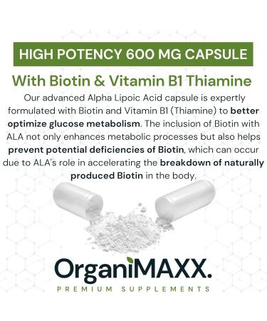 Alpha Lipoic Acid (ALA) OrganiMAXX 600mg Max Strength 125 Capsules Alpha GPC With Vitamin B1 Thiamine & Biotin. Non-GMO Vegan Friendly Free of Gluten Soy & Dairy. Premium Alpha Lipoic Acid Supplement For Blood Sugar Control Antioxidant Liver Support Cardi - Buy Online on GoSupps.com