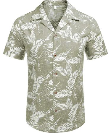 Coofandy Men's Hawaiian Floral Cotton Linen Button Down Shirt - X-Large - Palm Leaf Print - Buy Online on GoSupps.com