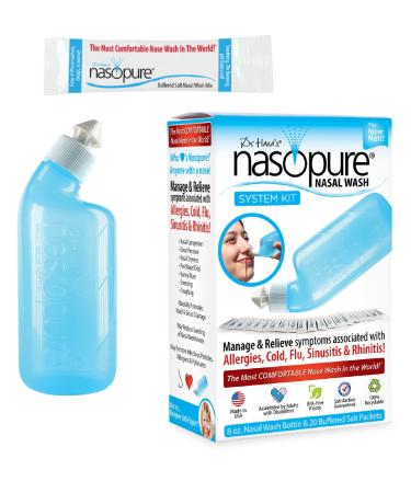 Nasopure Nasal Wash, System Kit, “The Nicer Neti Pot” Sinus Wash Kit, Comfortable Nasal Rinse 8 Oz Bottle & 20 Salt Packets (3.75 Grams Each), Nasal Congestion, Cold, Flu, Allergy, Nasal Irrigation