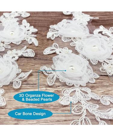 White 3D Pearl Organza Embroidered Lace Flower Appliques - 1 Pair for Wedding Dress & Craft DIY - Buy Online on GoSupps.com