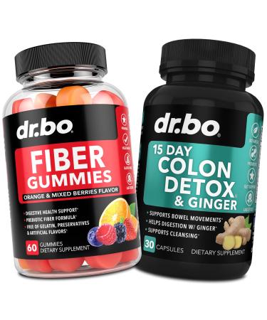 DR. BO Fiber Gummies Colon Cleanse & Ginger - Tasty Gummy Prebiotic Fiber Supplement - Bowel Movement Support for Gut & Stomach Cleansing