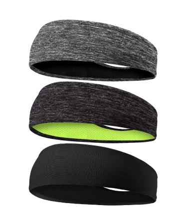 Braylin Men's Headbands, 3-Pack Headbands for Men, Sport Headbands for Running Fitness Yoga Cycling, Sweat Wicking Non Slip 01.3Pcs Light Gray/Black+Dark Gray/Yellow+Black