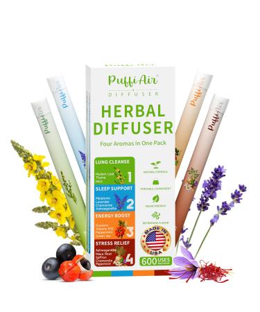 PUFFIAIR Herbal Diffuser Pen 4 Pack Clean Botanical Aromatherapy Diffusers Four Aroma Variety Set Cool Mint & Herbal Scents Smooth Daily Experience Up to 600 Uses Each Variety Pack 4 Diffusers (Pack of 1)