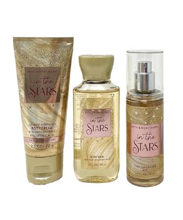 Bath and Body Work IN THE STARS 3 Pc Travel Size Gift Set - Fragrance Mist - Body Cream - Body Wash Gold