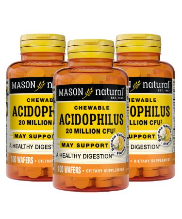 MASON NATURAL Acidophilus 20 Million CFU A Healthy Digestion Vanilla Banana Flavor 100 Chewables (Pack of 3)