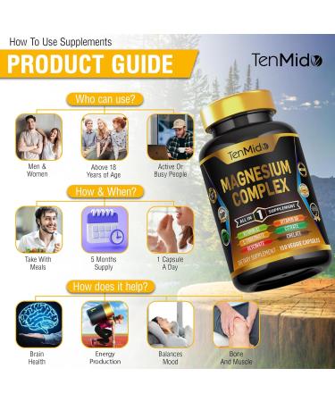 Tenmido Magnesium Complex Supplement - Combine 10 Types of Magnesium Glycinate L-Threonate Citrate Chelate Bisglycinate Oxide Malate Orotate Aspartate Taurate - 150 Capsules for 5 Months - Buy Online on GoSupps.com