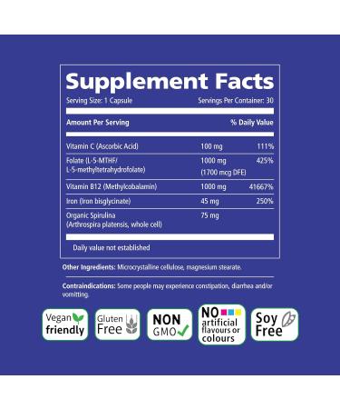 Vitality Power Iron + Spirulina | 45mg Iron | Blood Builder | Iron Deficiency Support | Vegan | All Natural Supplement | Gentle on Stomach | 30 Capsules 30 Count (Pack of 1) - Buy Online on GoSupps.com