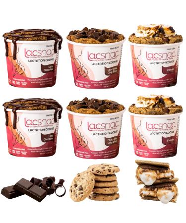 Lacsnac Lactation Cookie Cup Variety Pack - Chocolate Chip Bliss, Lotsa Chocolate, S'mores (1.8 oz, Pack of 6) for Nursing Moms - Made With Flax Seeds, Brewers Yeast, Spinach - Promotes Lactation Support & Healthy Breast Milk Supply - GMO-free, Gluten-fre