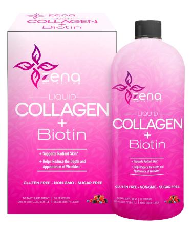 Zena Liquid Collagen + Biotin 2500mg of Bioactive Collagen Peptides and 5000mcg Biotin Verisol Formula Hair Skin Nail and Joint Support Grass-Fed Non-GMO Mixed Berry Flavor 90 Servings