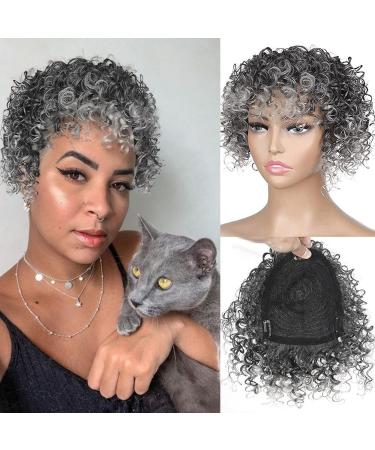 KRSI Afro Curly Hair Topper Silver Grey Synthetic Toppers Hair Pieces for Women  Hairpieces Toppers Pieces for Black Women With Thinning Hair Clip in Hair Topper With Bangs(1B/T0906)